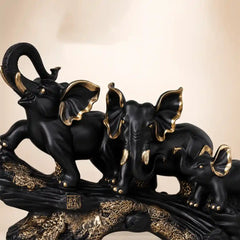 Majestic Black & Gold Elephant Family Sculpture