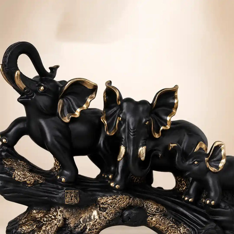 Majestic Black & Gold Elephant Family Sculpture