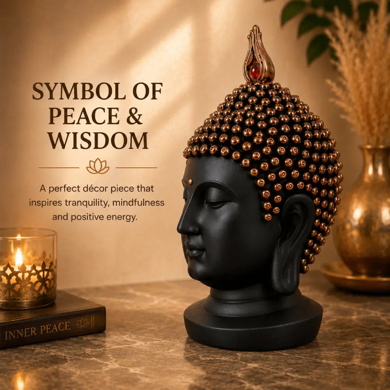 Serenity Buddha Head Sculpture – Matte Black & Copper
