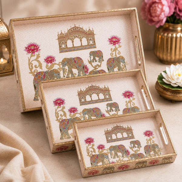 Regal Elephant Wooden Serving Tray Set of 3