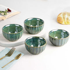 Green Ribbed Ceramic Bowl Set of 4, 320ML