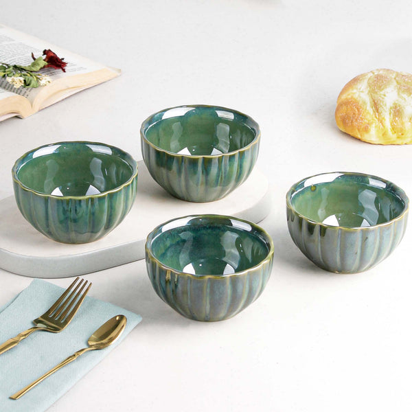 Green Ribbed Ceramic Bowl Set of 4, 320ML