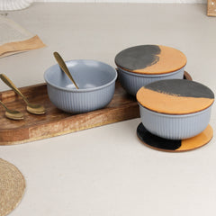 Grey Fringe Ceramic Bowl Serving Set 3 Bowls, 1 Tray, 3 Spoon and 3 Coaster