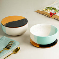 Green Matte Ceramic Bowl Set of 2 – 500ML with Lid