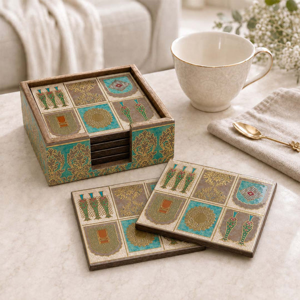 Mughal Heritage Wooden Coaster Set of 6 with Holder