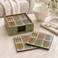 Mughal Heritage Wooden Coaster Set of 6 with Holder