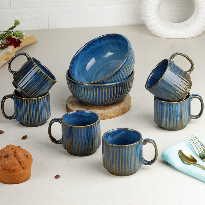 Glam Bue Ceramic 2 Snack Bowl & 6 Tea Cup Combo