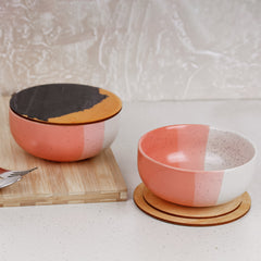 Tritone Pink Matte Ceramic Bowl Set of 2 – 500ML with Lid
