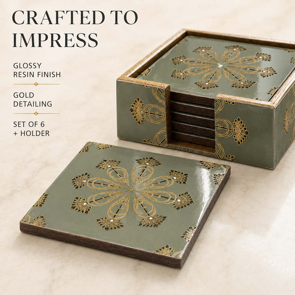Emerald Heritage Wooden Coaster Set of 6 with Holder