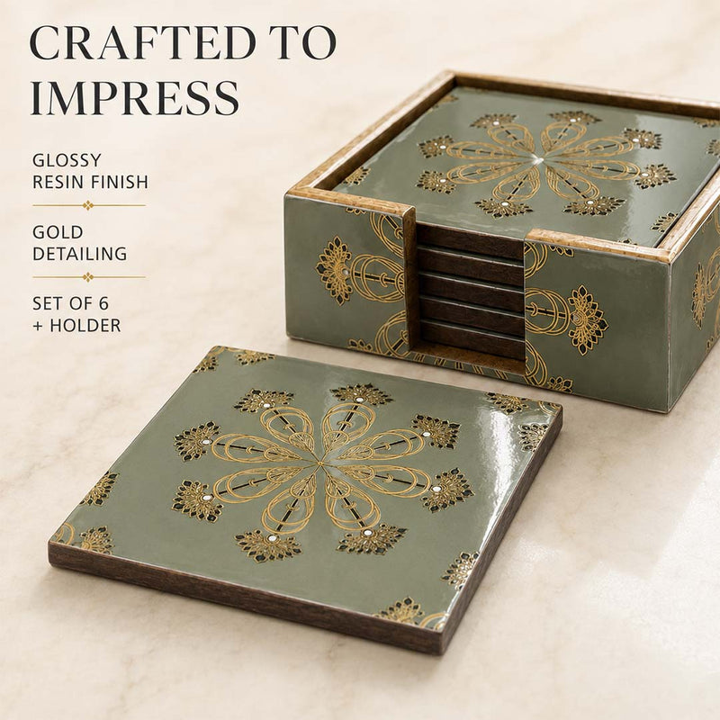 Emerald Heritage Wooden Coaster Set of 6 with Holder