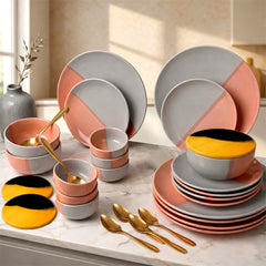 Grey Pink Ceramic Dinner Set - 30 Piece Family Dining Set