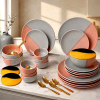 Grey Pink Ceramic Dinner Set - 30 Piece Family Dining Set
