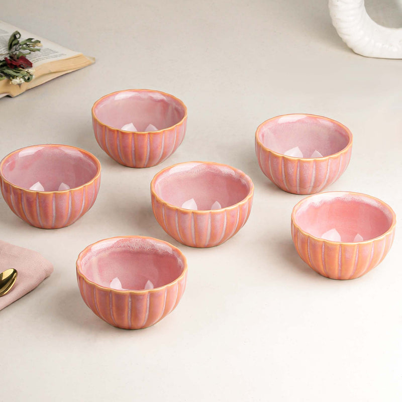 Pink Ribbed Ceramic Snack Bowl Set of 6 – 320ML