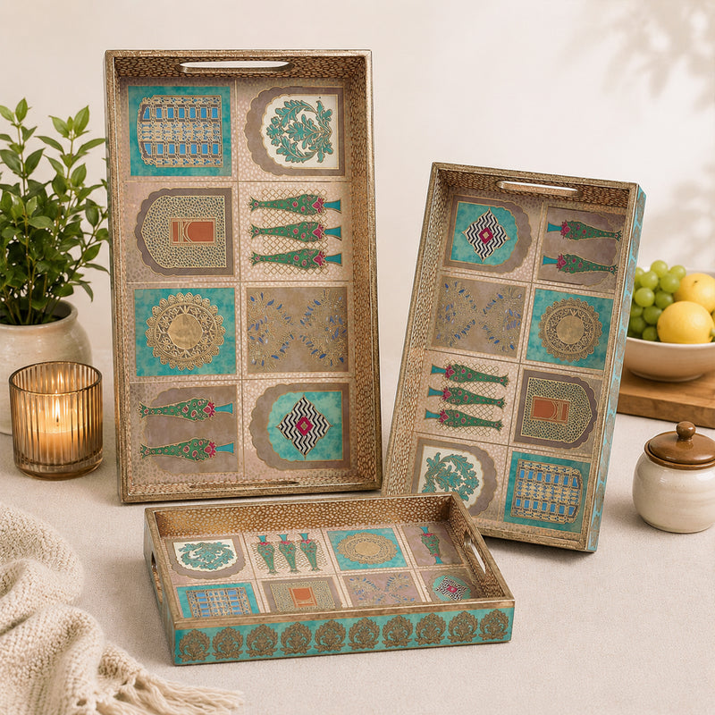 Mughal Heritage Wooden Serving Tray Set of 3