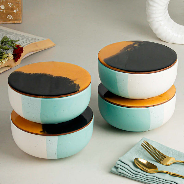 Green Matte Ceramic Bowl Set of 4 – 500ML with Lid