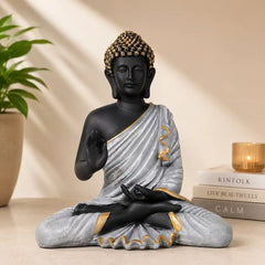 Meditating Buddha Statue in Premium Black & Silver with Gold Accents