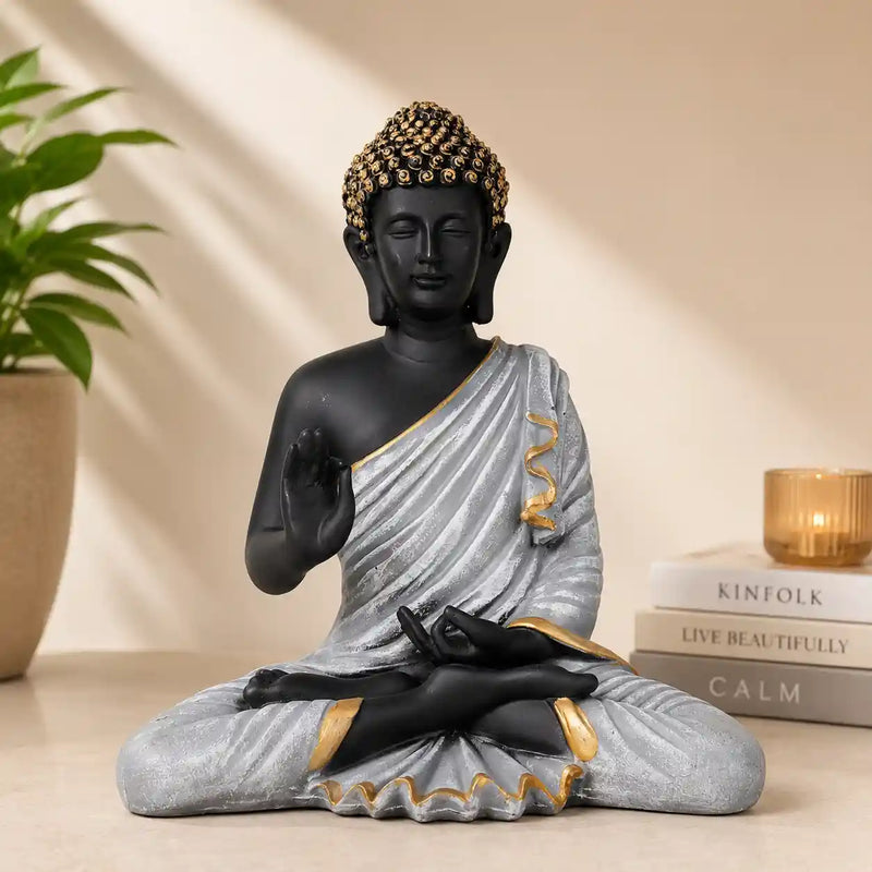 Meditating Buddha Statue in Premium Black & Silver with Gold Accents