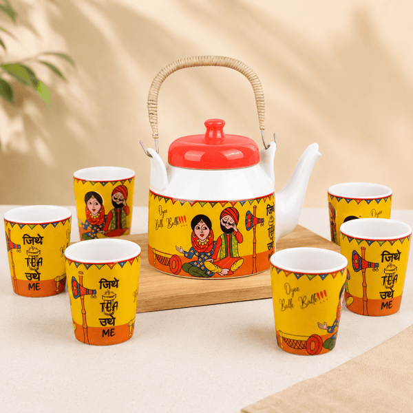 Traditional Punjabi Ceramic Tea Set – “Jitthe Tea Utthe Me” Kettle with 6 Tea Glasses