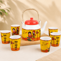 Traditional Punjabi Ceramic Tea Set – “Jitthe Tea Utthe Me” Kettle with 6 Tea Glasses