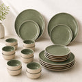 Organic Green Ceramic Dinner Set - 24 Piece Plates & Bowls Set