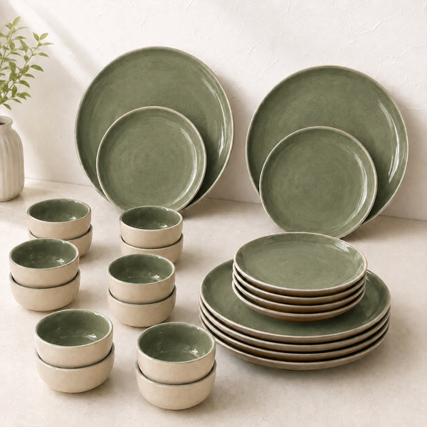 Organic Green Ceramic Dinner Set - 24 Piece Plates & Bowls Set