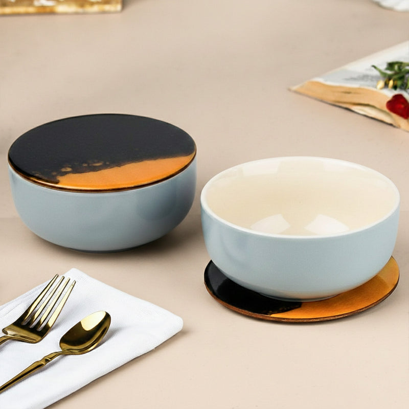 Grey Mellow Ceramic Bowl Set of 2 – 450ML with Lid