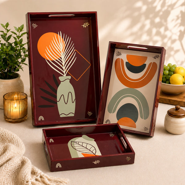 Brown Abstract Botanica Wooden Serving Tray Set of 3