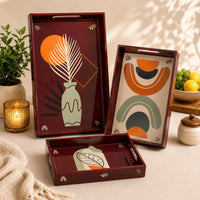 Brown Abstract Botanica Wooden Serving Tray Set of 3
