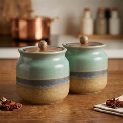 Rustic Green Ceramic Jar Set of 2 (800ML) – Airtight Kitchen Storage Containers & Spice Jars