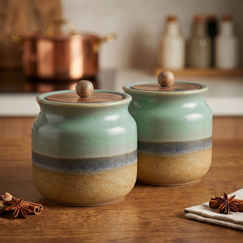 Rustic Green Ceramic Jar Set of 2 (800ML) – Airtight Kitchen Storage Containers & Spice Jars