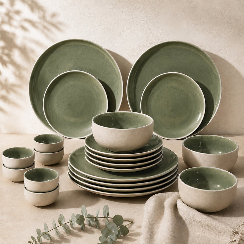 Organic Green Ceramic Dinner Set - 21 Pieces with Serving Bowls