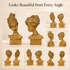Artistic African Lady Sculptural Bust Pair – Decorative Gold Statues Set of 2