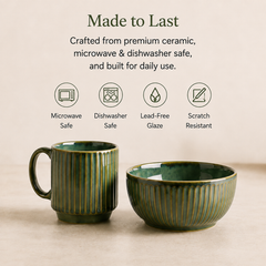 Glam Green Ceramic 2 Snack Bowl & 6 Tea Cup Combo