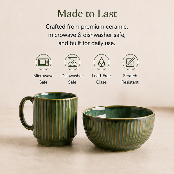 Glam Green Ceramic 2 Snack Bowl & 6 Tea Cup Combo
