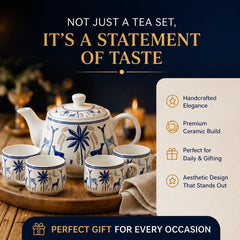 Ceramic Stag Blue Morning Tea Set - 6 Tea Cups, 1 Kettle