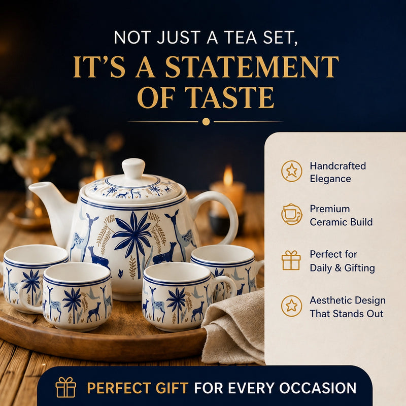 Ceramic Stag Blue Morning Tea Set - 6 Tea Cups, 1 Kettle