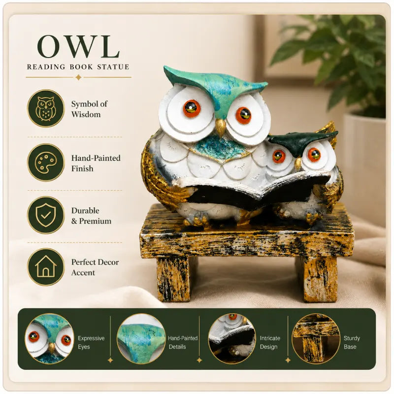 Wisdom & Learning Owl Pair Sculpture on Rustic Bench