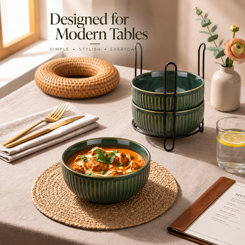 Glam Green Ceramic Bowl Set with Stand (4 Pcs)