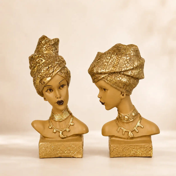 Artistic African Lady Sculptural Bust Pair – Decorative Gold Statues Set of 2