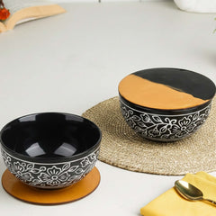 Black Artvine Ceramic Bowl Set of 2 – 500ML with Wooden Lid