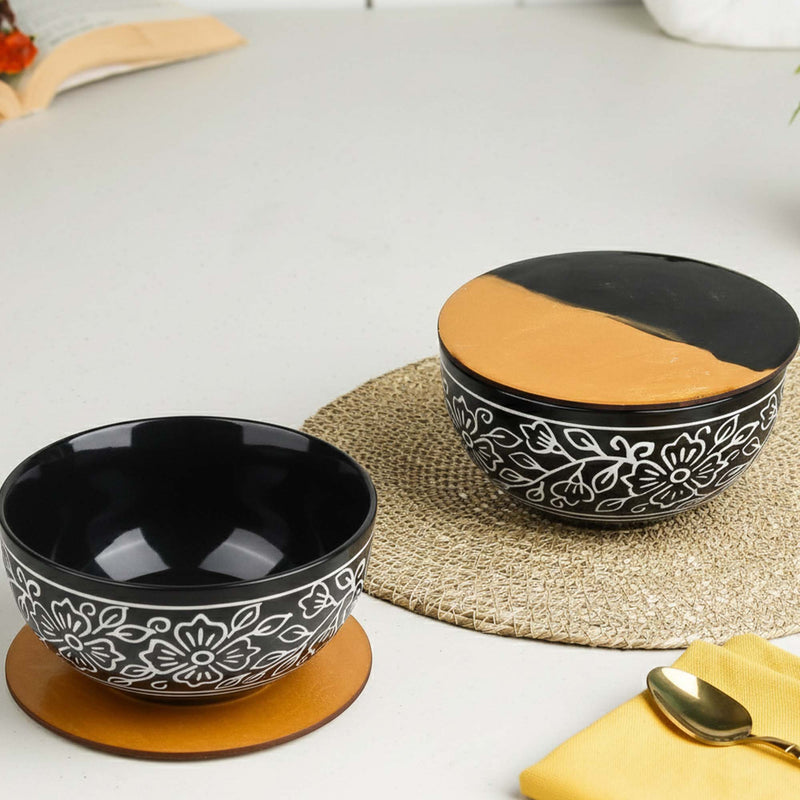 Black Artvine Ceramic Bowl Set of 2 – 500ML with Wooden Lid