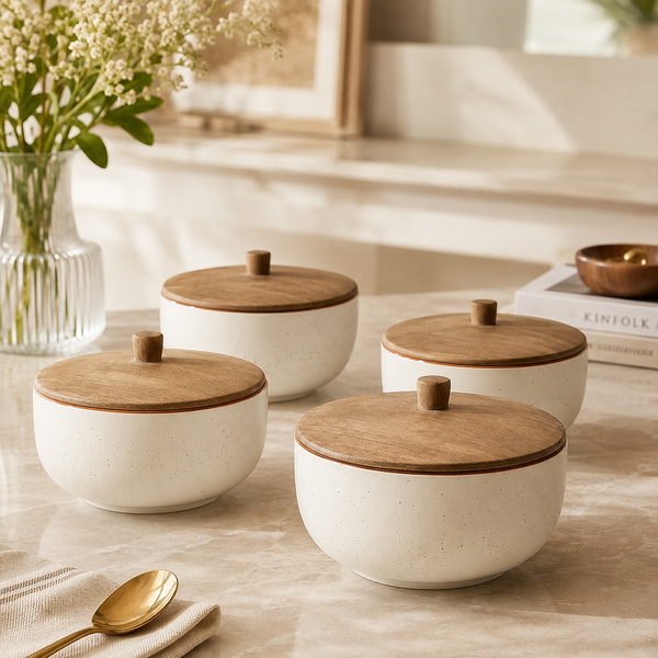 White Marble Ceramic Bowl Set with Wooden Lids (4 Pcs)