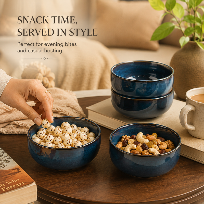 Galaxy Blue Ceramic Snack Bowl Set of 4, 500 ML