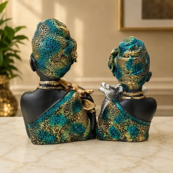 Elegant African Lady with Deer Sculptural Bust Pair – Decorative Gold & Silver Figures