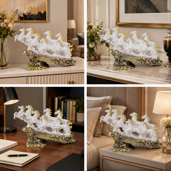 Majestic White & Gold Galloping 7 Horse Sculpture