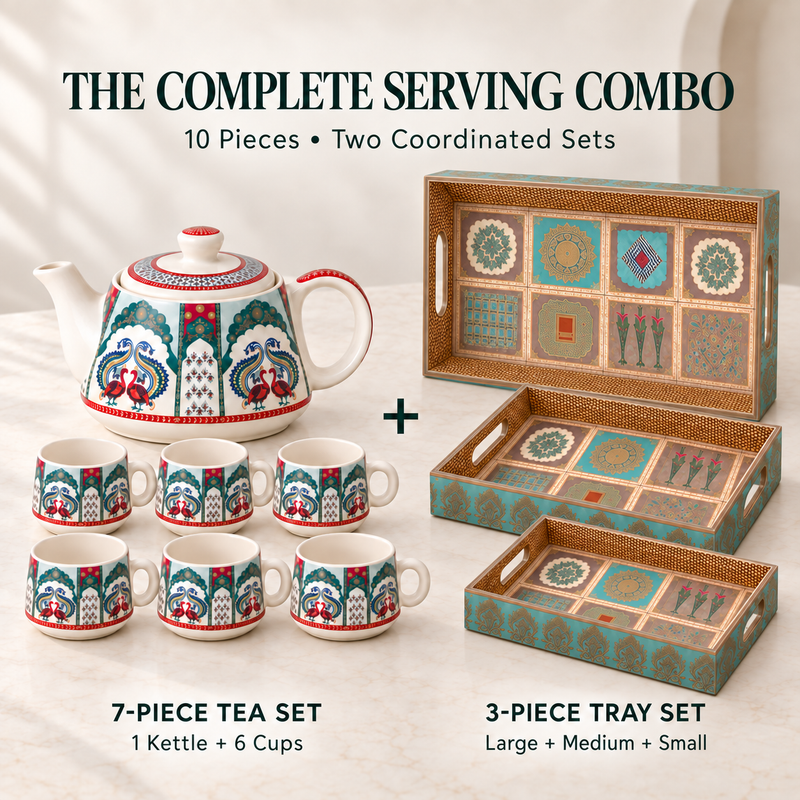 Handcrafted Ceramic Tea Set with Serving Trays – 10 Piece
