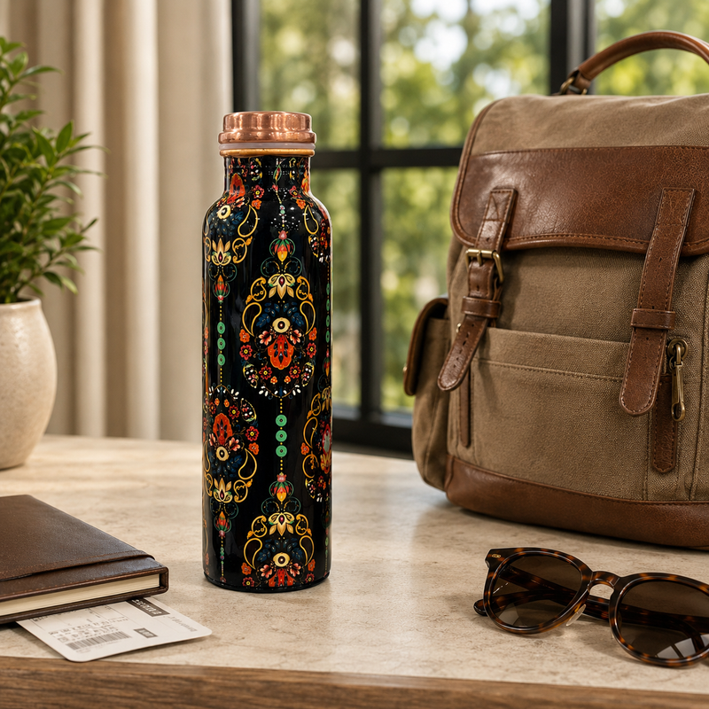 Himalayan Village Copper Water Bottle | Kashmiri Floral Art | 900ml