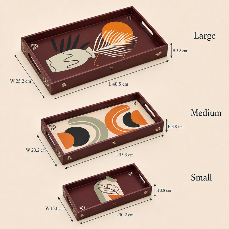 Brown Abstract Botanica Wooden Serving Tray Set of 3