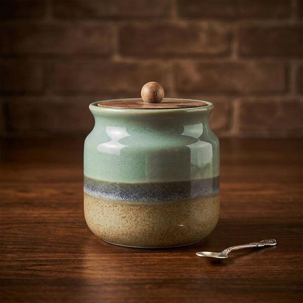 Rustic Green Ceramic Jar Set of 2 (800ML) – Airtight Kitchen Storage Containers & Spice Jars