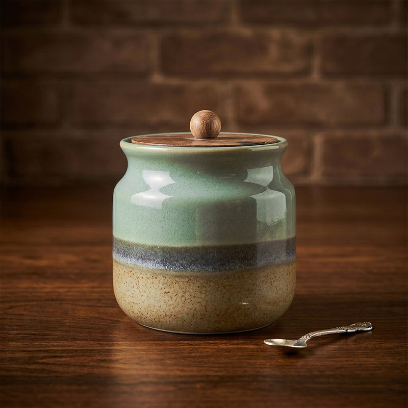 Rustic Green Ceramic Jar Set of 2 (800ML) – Airtight Kitchen Storage Containers & Spice Jars